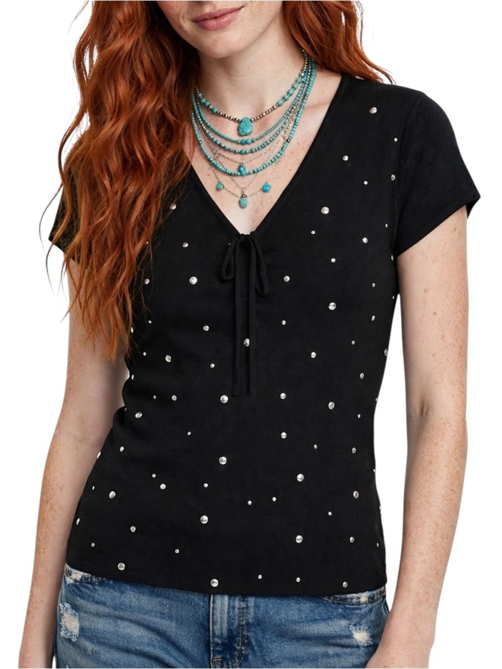 Carducci Black Silver Grommet Cap Sleeve Stretchy Top With Bow Medium